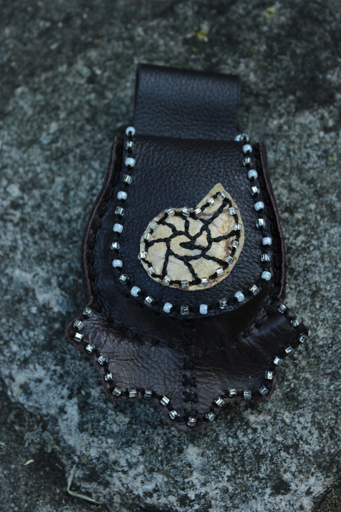 Handmade Nautilus Beaded Leather Festival Mini Stash Pouch